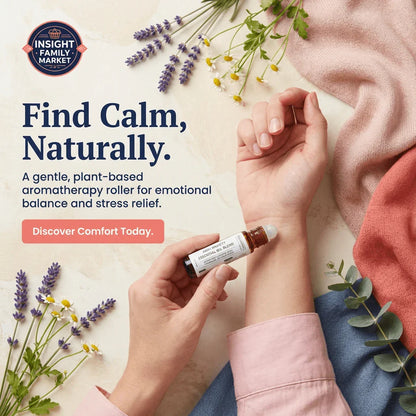 Applying aromatherapy roller to wrist with lavender, chamomile, and text promoting stress relief