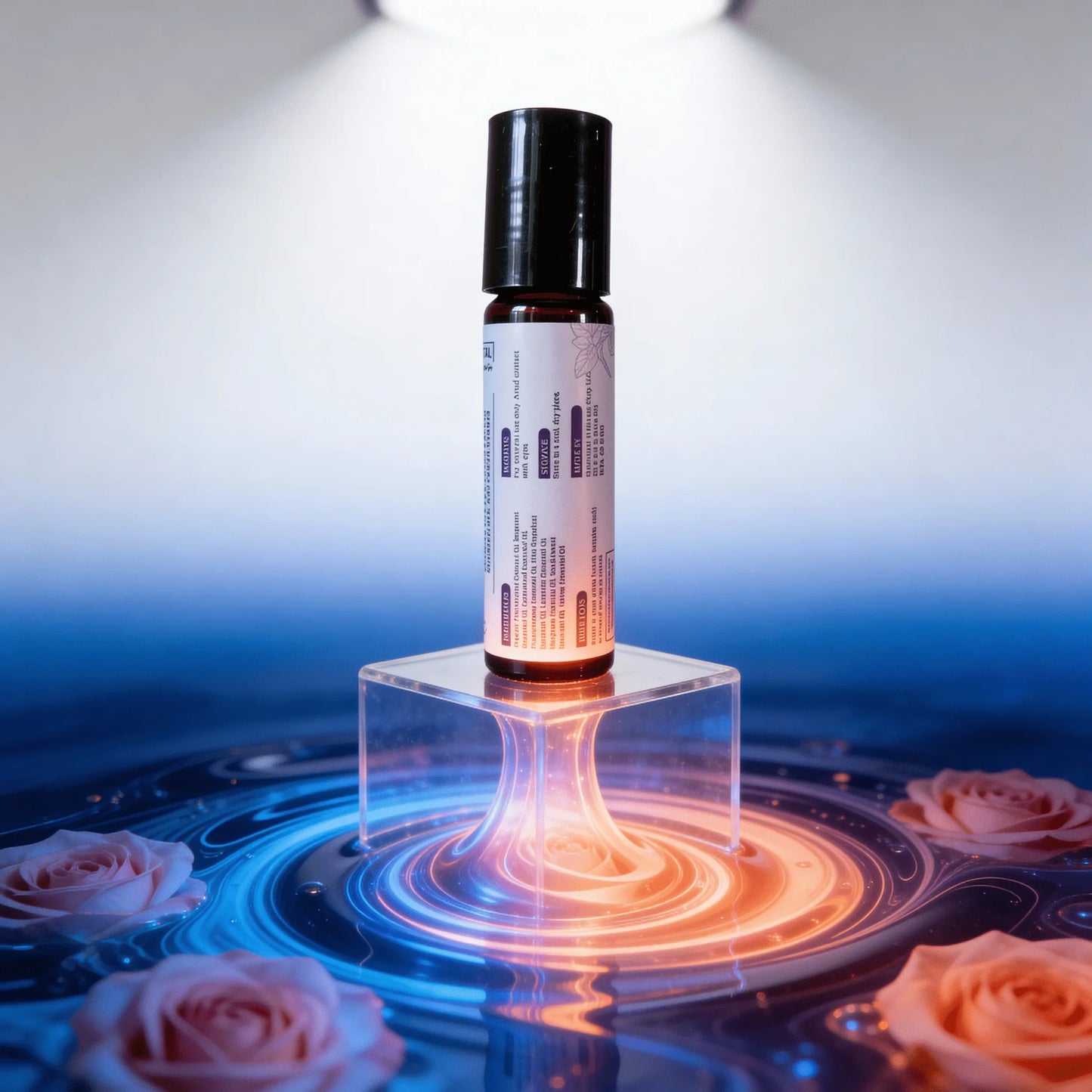 Roll-on essential oil bottle on acrylic stand with roses and glowing swirl, wellness product