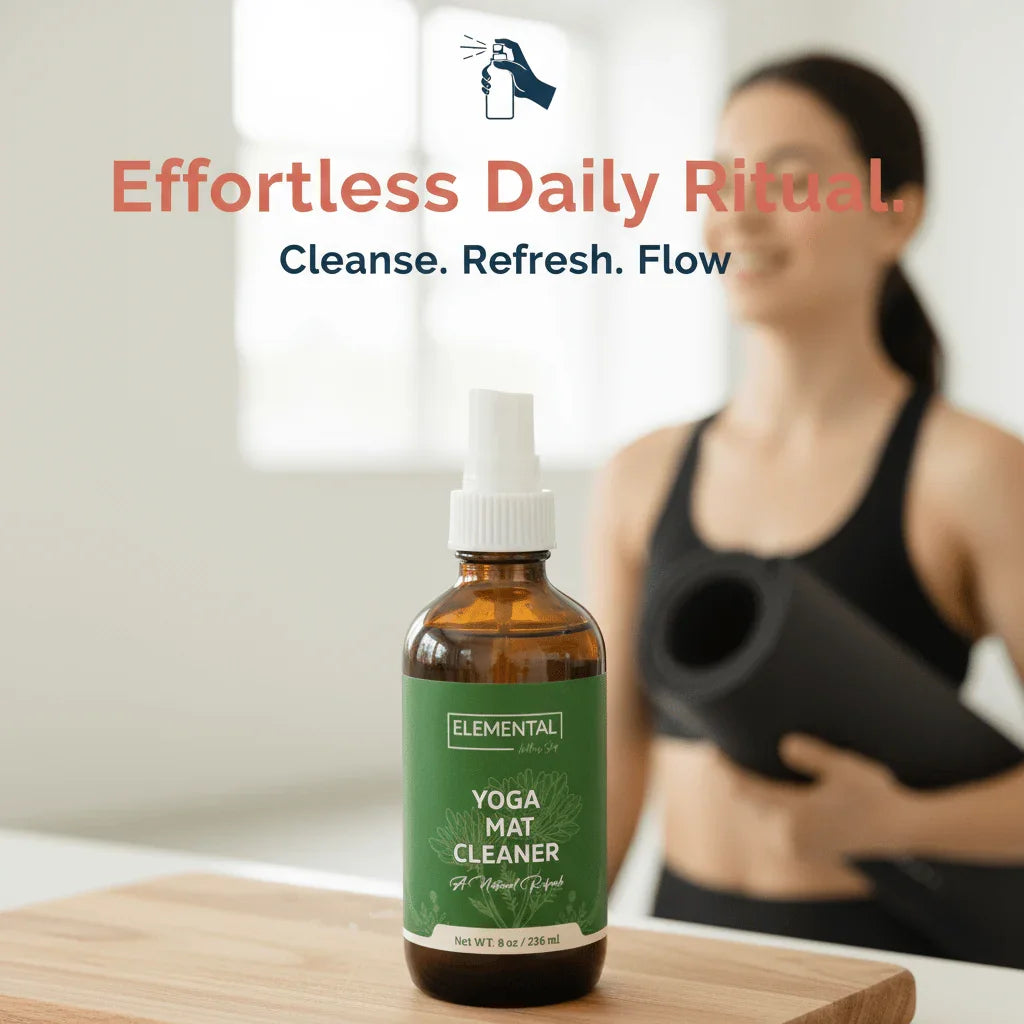 Yoga mat cleaner spray bottle on table, woman holding rolled yoga mat in background.