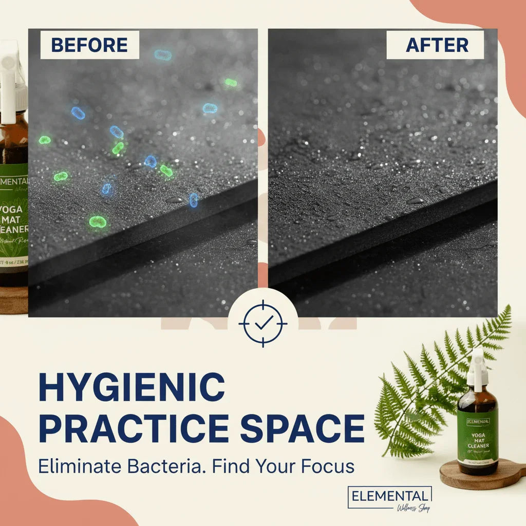 Before and after yoga mat cleaner use, showing bacteria removal for a clean workout space