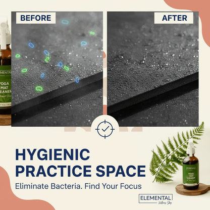 Before and after yoga mat cleaner use, showing bacteria removal for a clean workout space