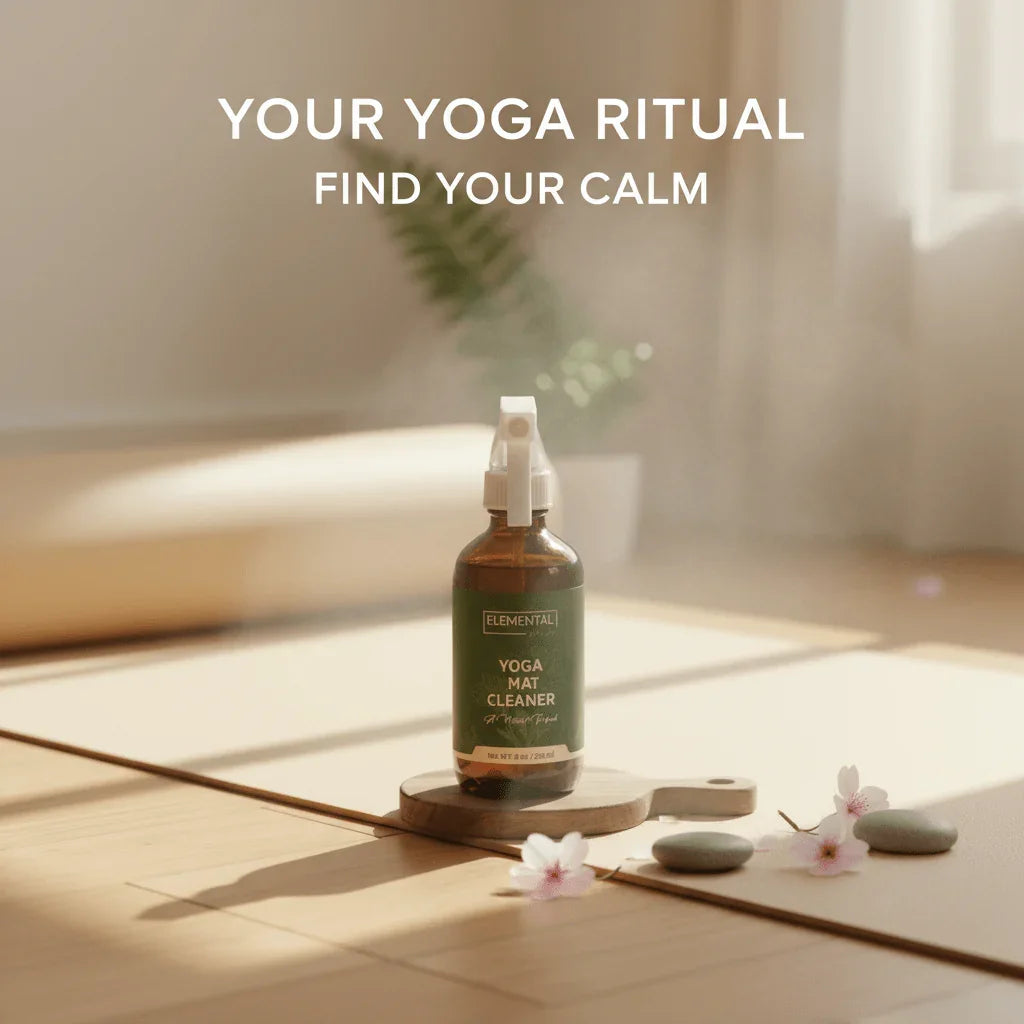 Yoga mat cleaner spray bottle on a mat with flowers, stones, and calming sunlight
