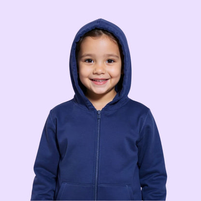 Child wearing a blue hoodie against a light purple background