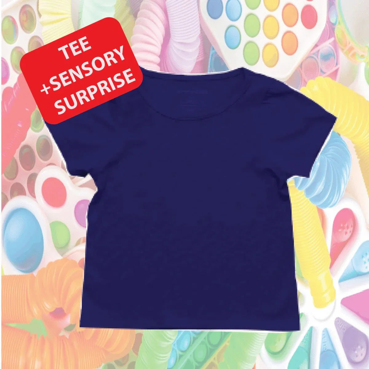 Navy sensory-friendly t-shirt with colorful fidget toys and pop-its background, plus sensory surprise offer.