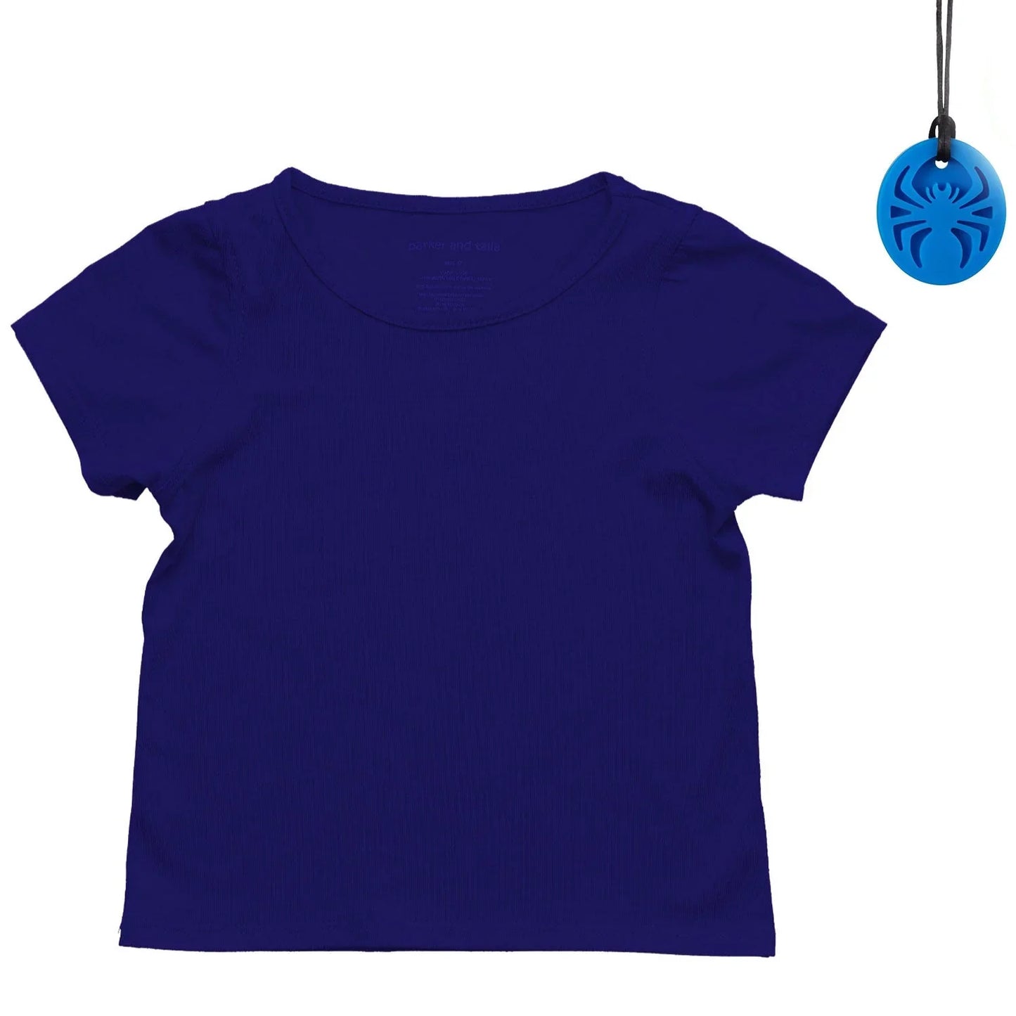 Navy blue sensory-friendly short sleeve tee and blue chewable pendant necklace