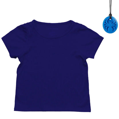Navy blue sensory-friendly short sleeve tee and blue chewable pendant necklace