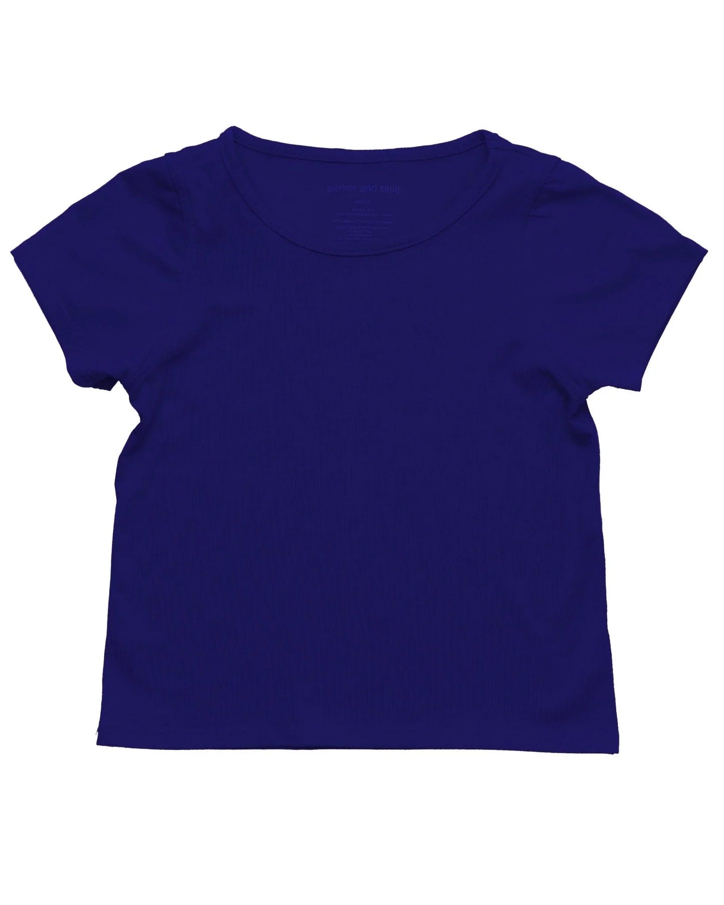 Sensory-friendly navy blue short sleeve t-shirt with crew neck, laid flat