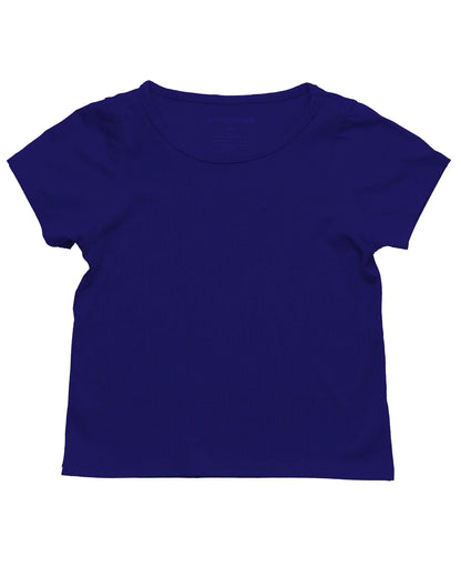 Sensory-friendly navy blue short sleeve t-shirt with crew neck, laid flat