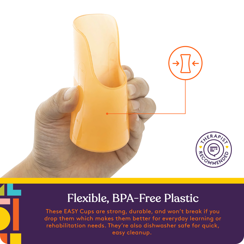 Hand holding a yellow EASY Cup with text about flexible, BPA-free plastic on a white background