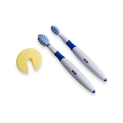 Children’s training toothbrush set with two blue and white toothbrushes and safety shield