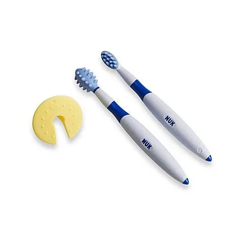 Children’s training toothbrush set with two blue and white toothbrushes and safety shield