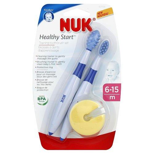 Baby training toothbrush set in packaging for ages 6-15 months with safety shield