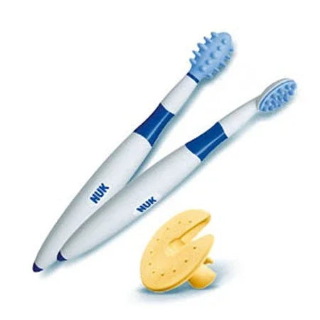 Blue and white training toothbrush set with yellow safety shield for toddlers or children