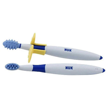Two child-friendly toothbrushes with blue bristles and ergonomic handles, sensory oral care.