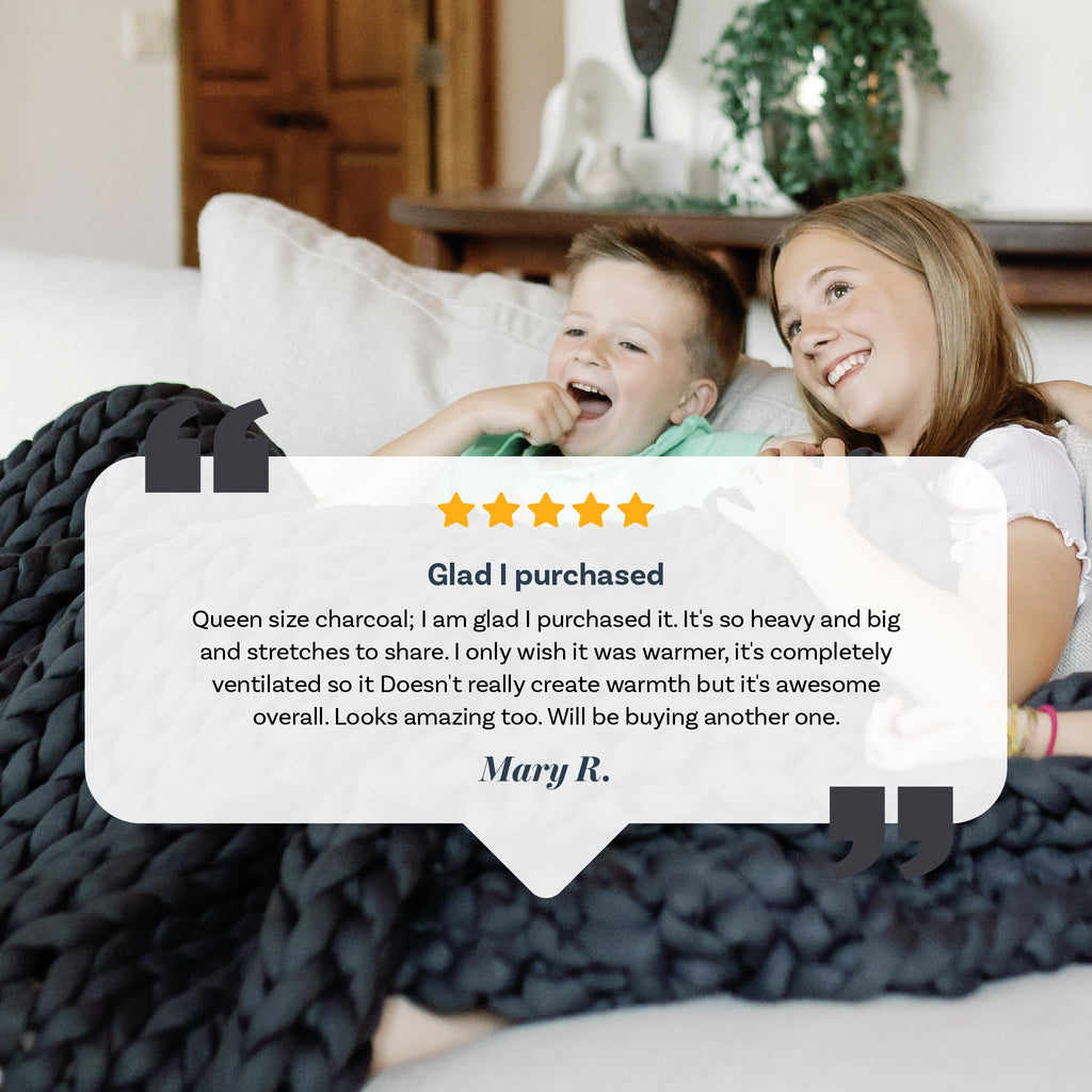 Two people lying on a couch with a blanket, overlaid with a five-star rating and customer review.