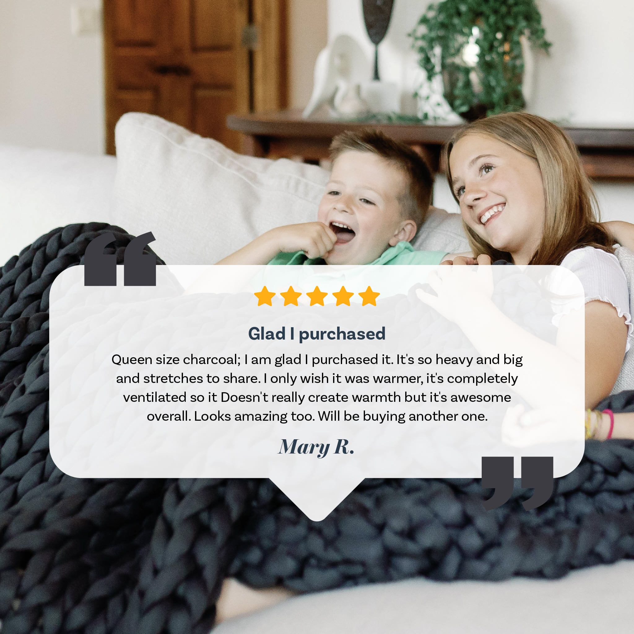 Two people lying on a couch with a blanket, overlaid with a five-star rating and customer review.