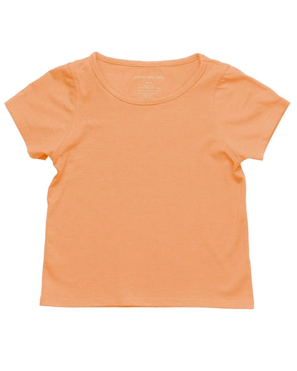 Short sleeve orange sensory-friendly kids t-shirt, flat lay front view