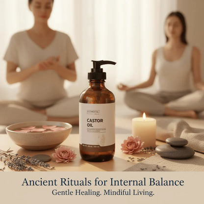 Castor oil bottle on table with candles, flowers, and people meditating in a calming setting.
