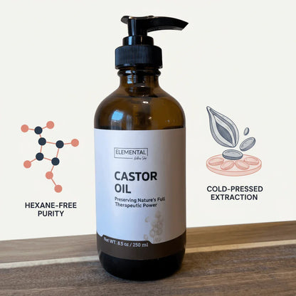 Amber bottle of castor oil with pump, hexane-free, cold-pressed extraction, on wood surface