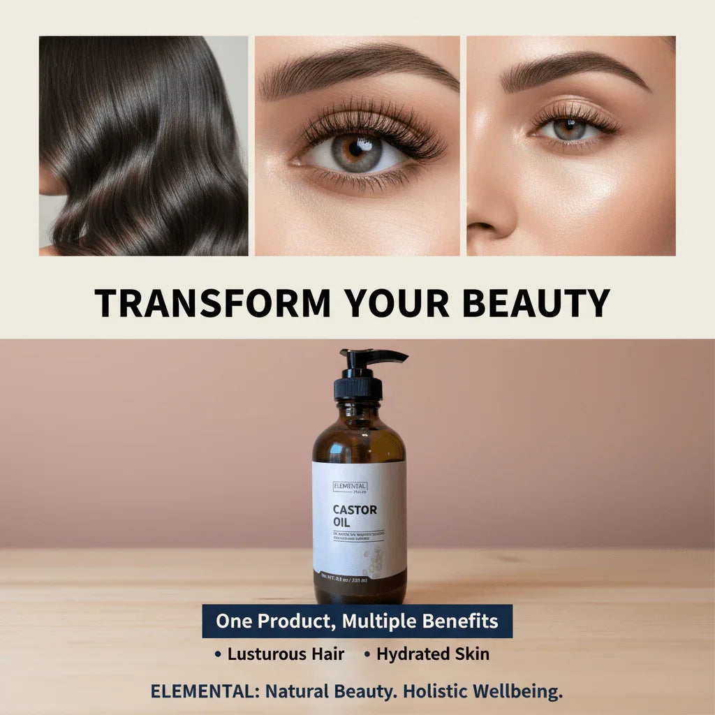 Castor oil bottle with close-up images of healthy hair, eyebrows, and glowing skin, highlighting beauty benefits.