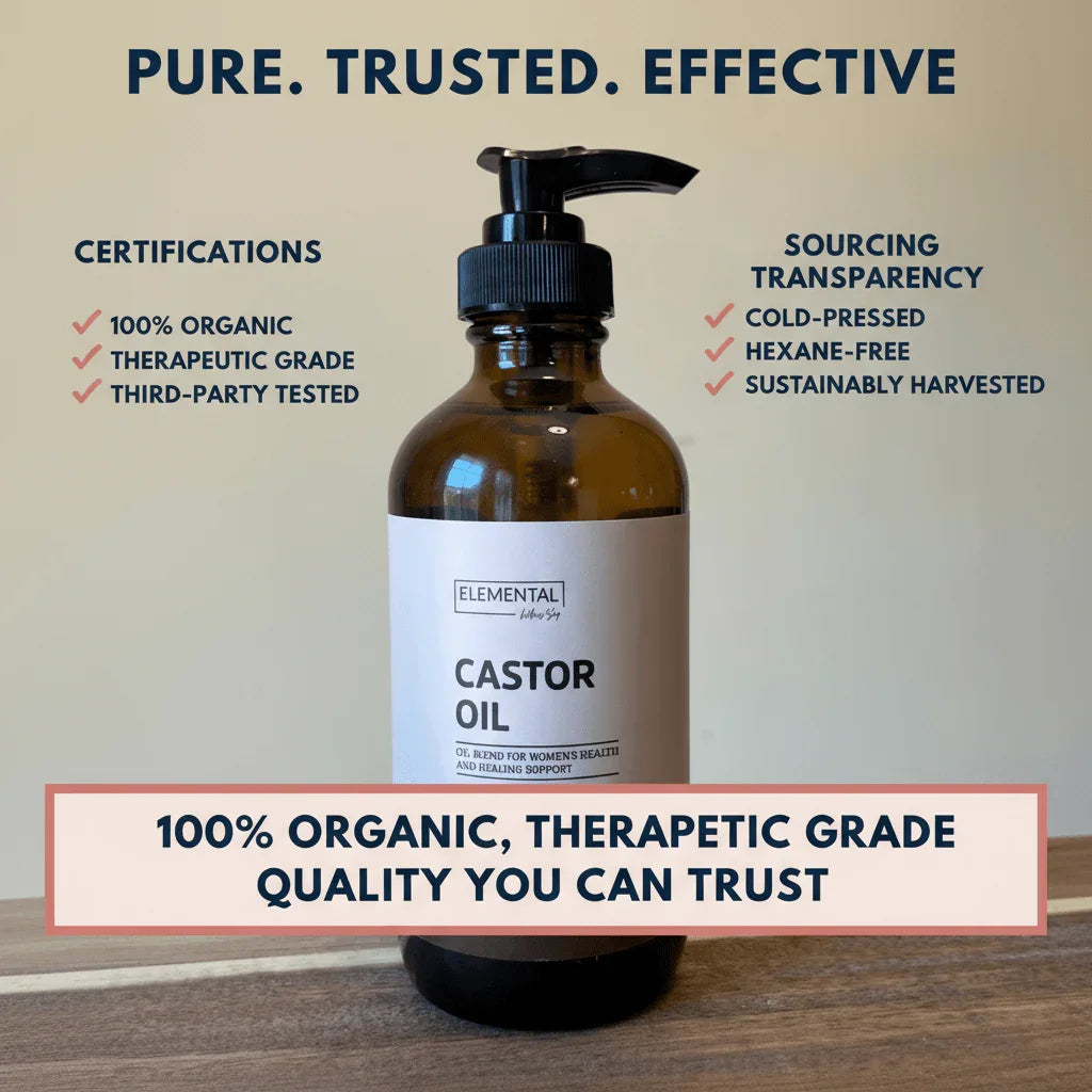 Elemental castor oil bottle with pump, labeled 100% organic, therapeutic grade, cold-pressed.