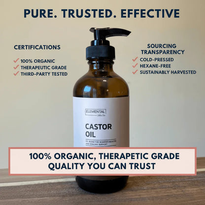 Elemental castor oil bottle with pump, labeled 100% organic, therapeutic grade, cold-pressed.