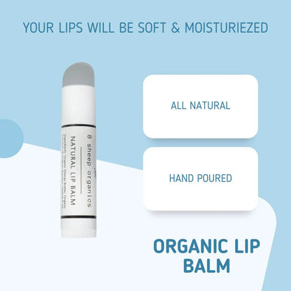 Organic natural lip balm tube on blue background with soft and moisturized lips text.