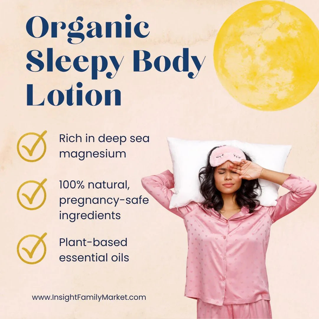 Woman in pink pajamas and sleep mask with pillow, highlighting Organic Sleepy Body Lotion benefits.