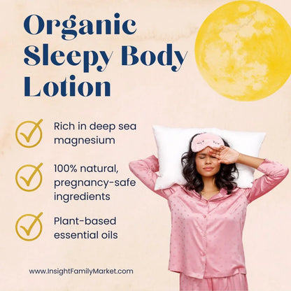Woman in pink pajamas and sleep mask with pillow, highlighting Organic Sleepy Body Lotion benefits.