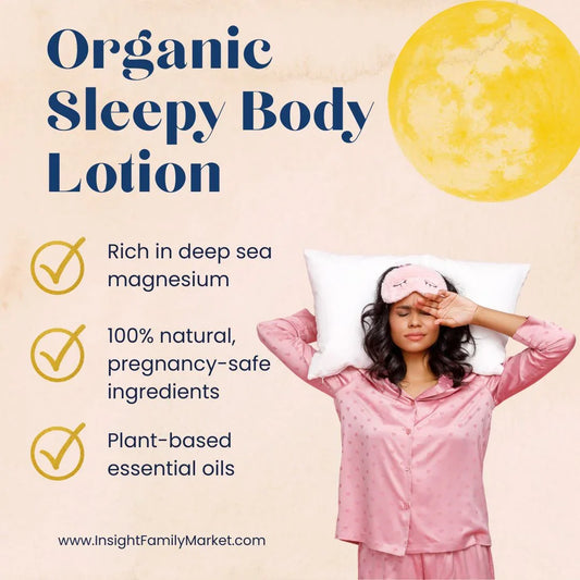 Woman in pink pajamas and sleep mask with pillow, highlighting Organic Sleepy Body Lotion benefits.