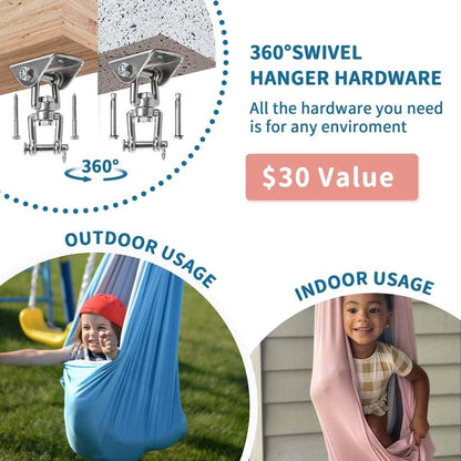360-degree swivel ceiling hardware for sensory swing, outdoor and indoor usage examples with children