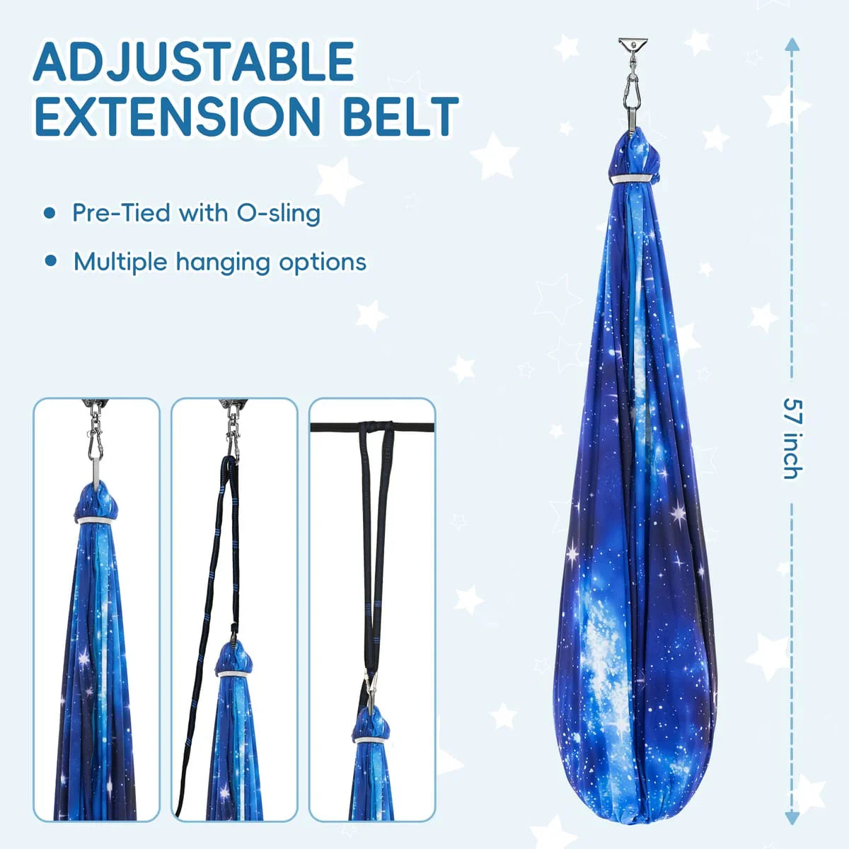 Adjustable sensory swing with blue galaxy print, O-sling, and multiple hanging options.