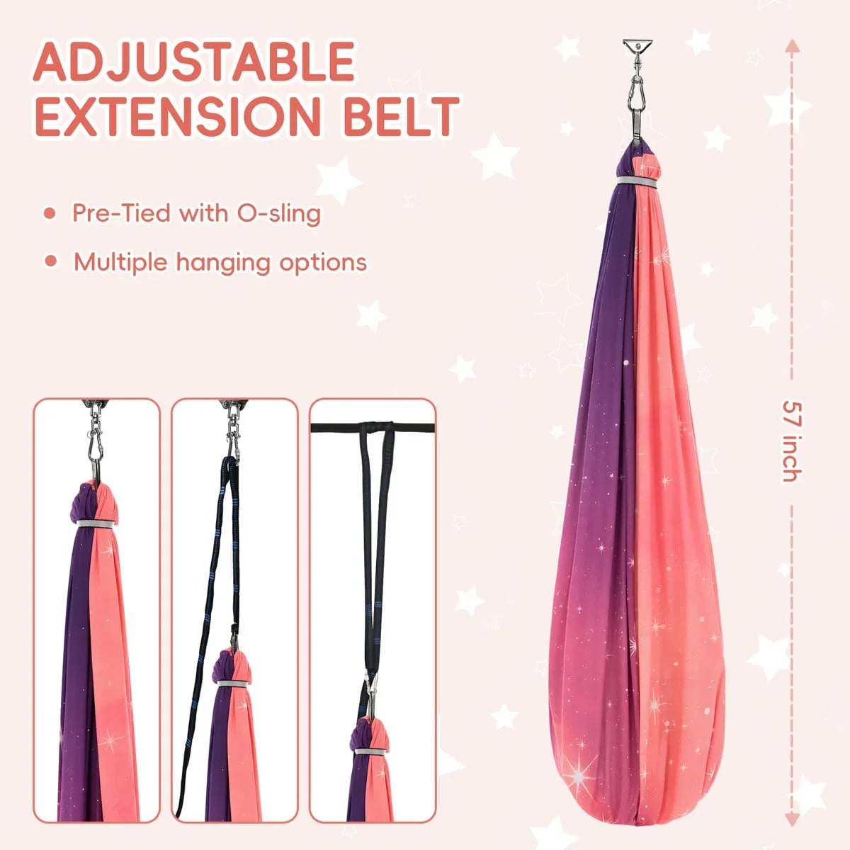 Adjustable sensory swing with ombre pink and purple fabric, shown with extension belt and multiple hanging options, ideal for calming and sensory integration.