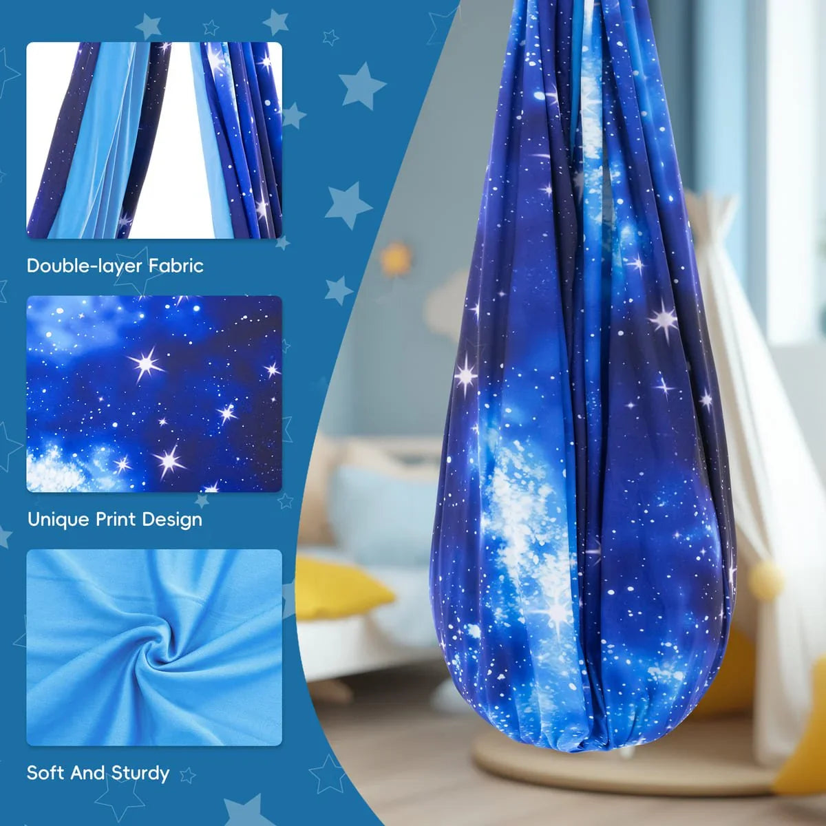 Galaxy print sensory swing with double-layer fabric, soft and sturdy for sensory support.