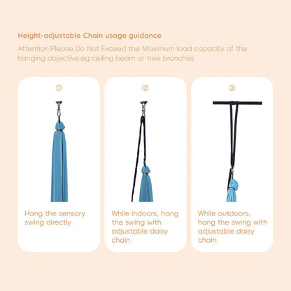 Instructions for hanging a blue sensory swing indoors or outdoors with adjustable chain.