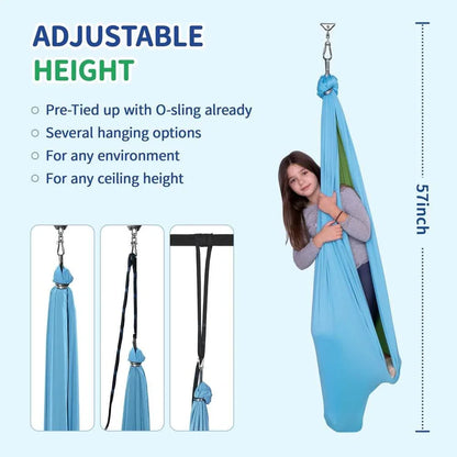 Sensory swing hammock with adjustable height, showing child inside blue fabric cocoon, 57 inch tall.