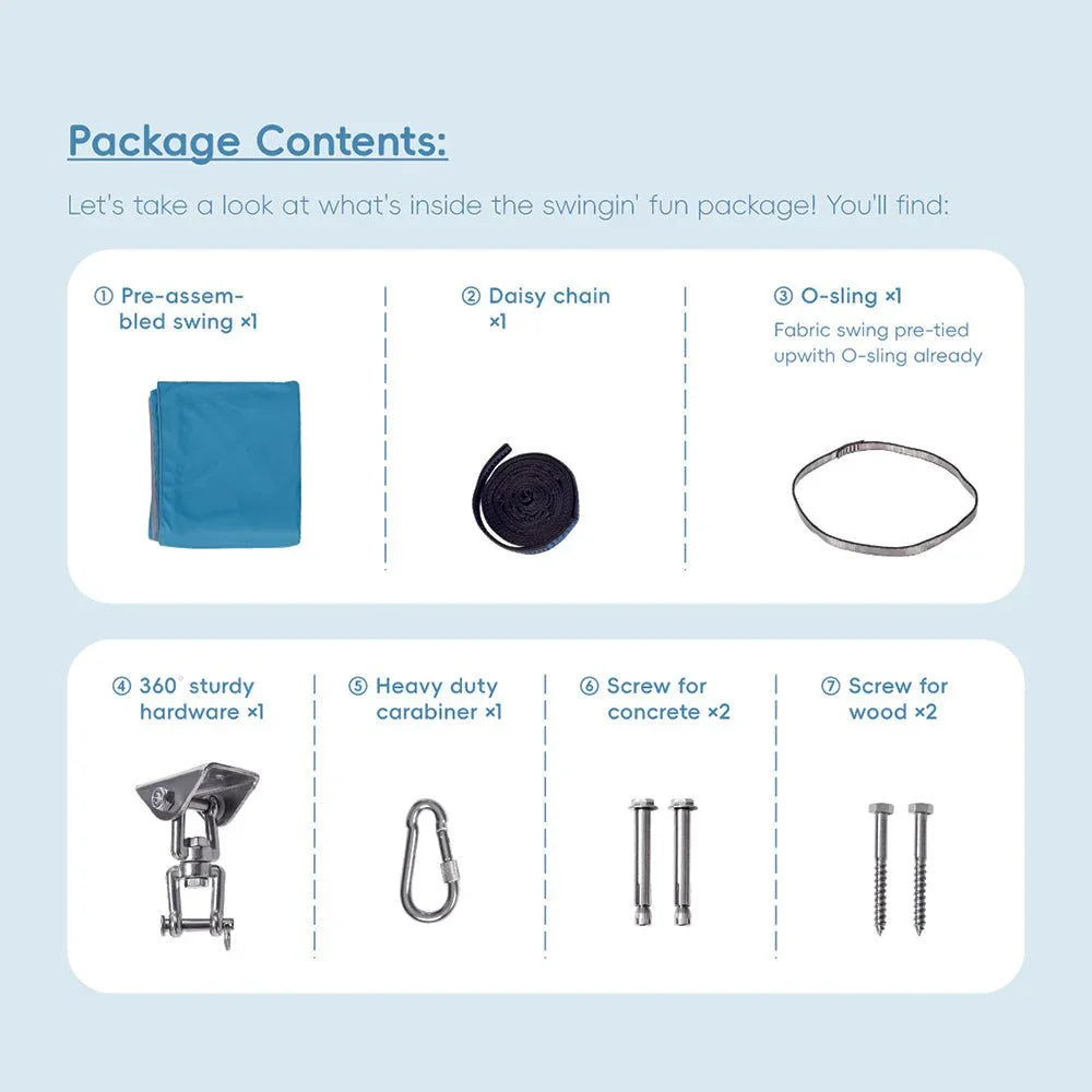 Sensory swing installation kit with blue swing, daisy chain, O-sling, hardware, carabiner, and screws for wood and concrete.