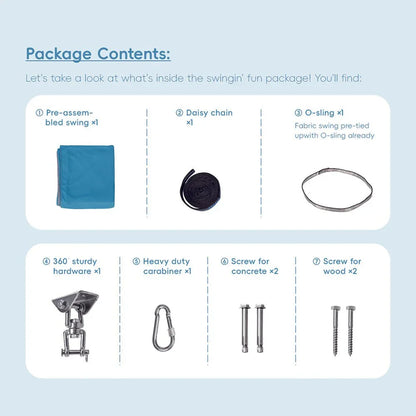 Sensory swing installation kit with blue swing, daisy chain, O-sling, hardware, carabiner, and screws for wood and concrete.