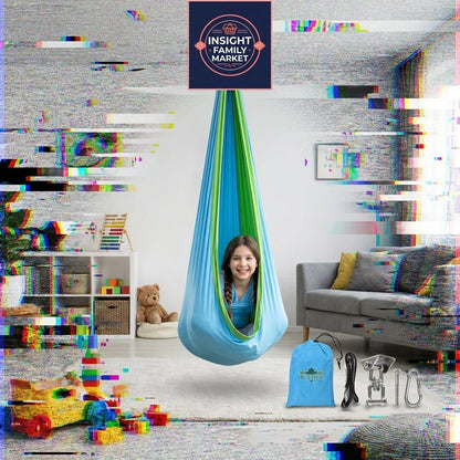 Smiling child sitting in a blue sensory swing in a cozy living room, with installation kit shown nearby.