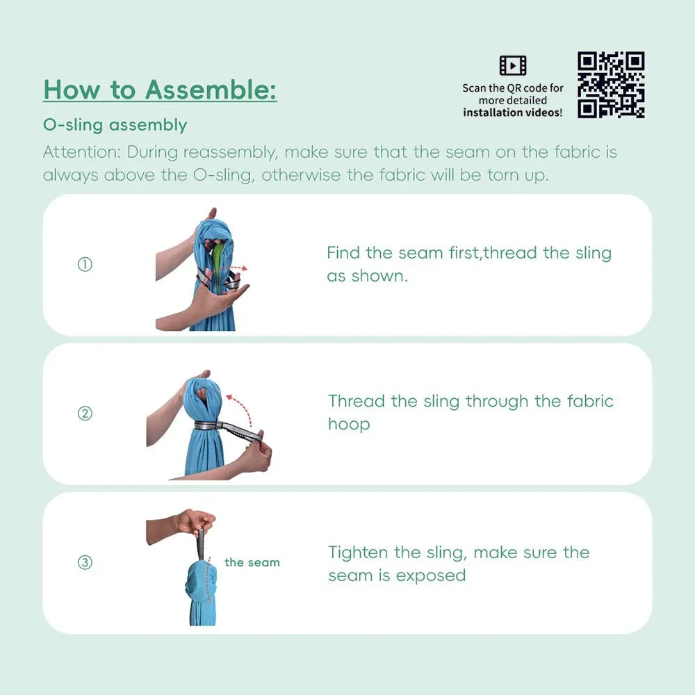 Step-by-step O-sling assembly instructions with hands threading blue fabric through hoop.