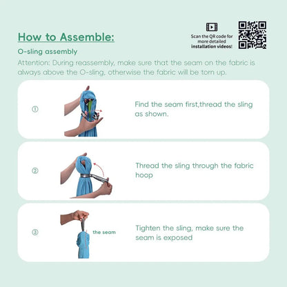 Step-by-step O-sling assembly instructions with hands threading blue fabric through hoop.