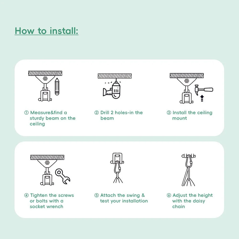 Step-by-step illustrated instructions for installing a sensory swing ceiling mount.