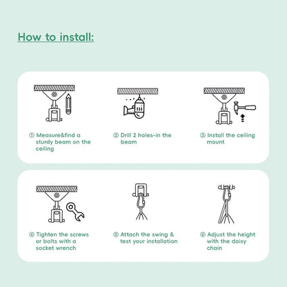 Step-by-step illustrated instructions for installing a sensory swing ceiling mount.