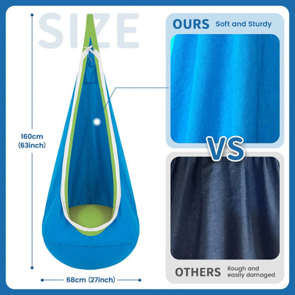 Blue sensory pod swing with soft fabric, 160cm height, 68cm base, sturdy for kids.