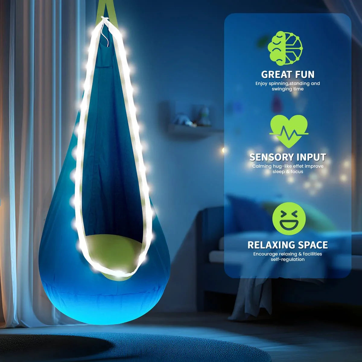Blue sensory swing pod with string lights in a cozy bedroom, promotes calming sensory input and relaxation.