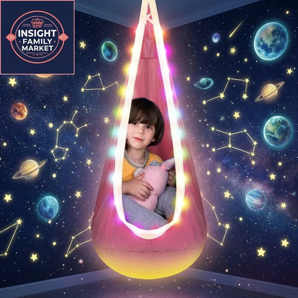 Child in sensory swing with plush toy, surrounded by space-themed, starry wall decor