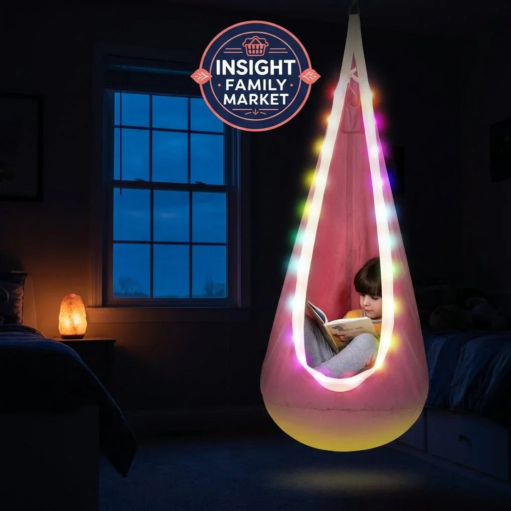 Child reading in sensory pod chair with calming lights in cozy bedroom, ideal for sensory support.