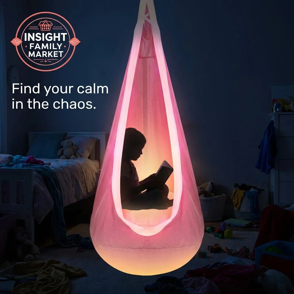 Child reading inside pink sensory swing pod in cozy bedroom for sensory-friendly comfort