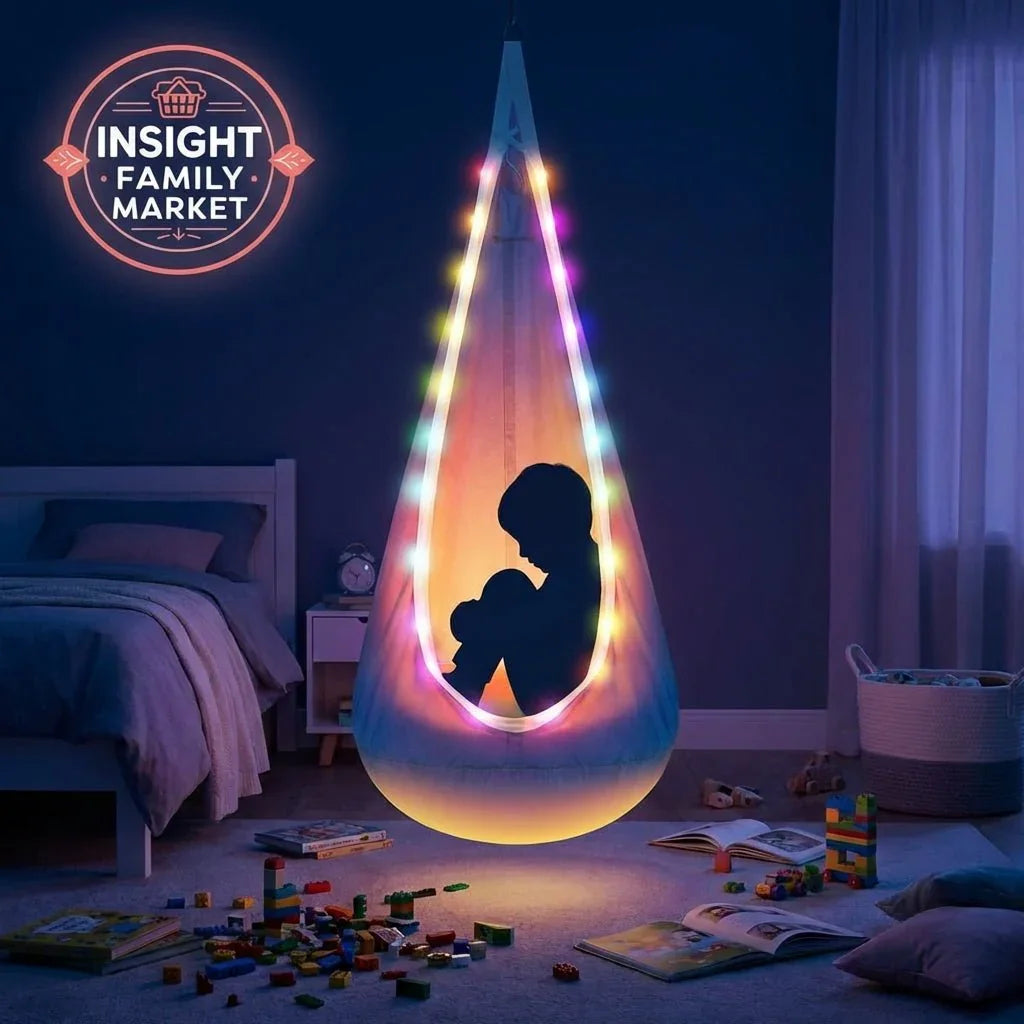 Child relaxing in sensory swing with colorful lights, surrounded by toys in cozy bedroom.