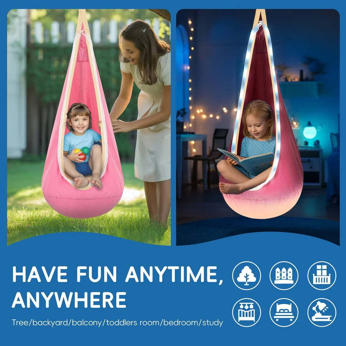 Children enjoying a pink sensory swing indoors and outdoors, ideal for sensory play and calming.